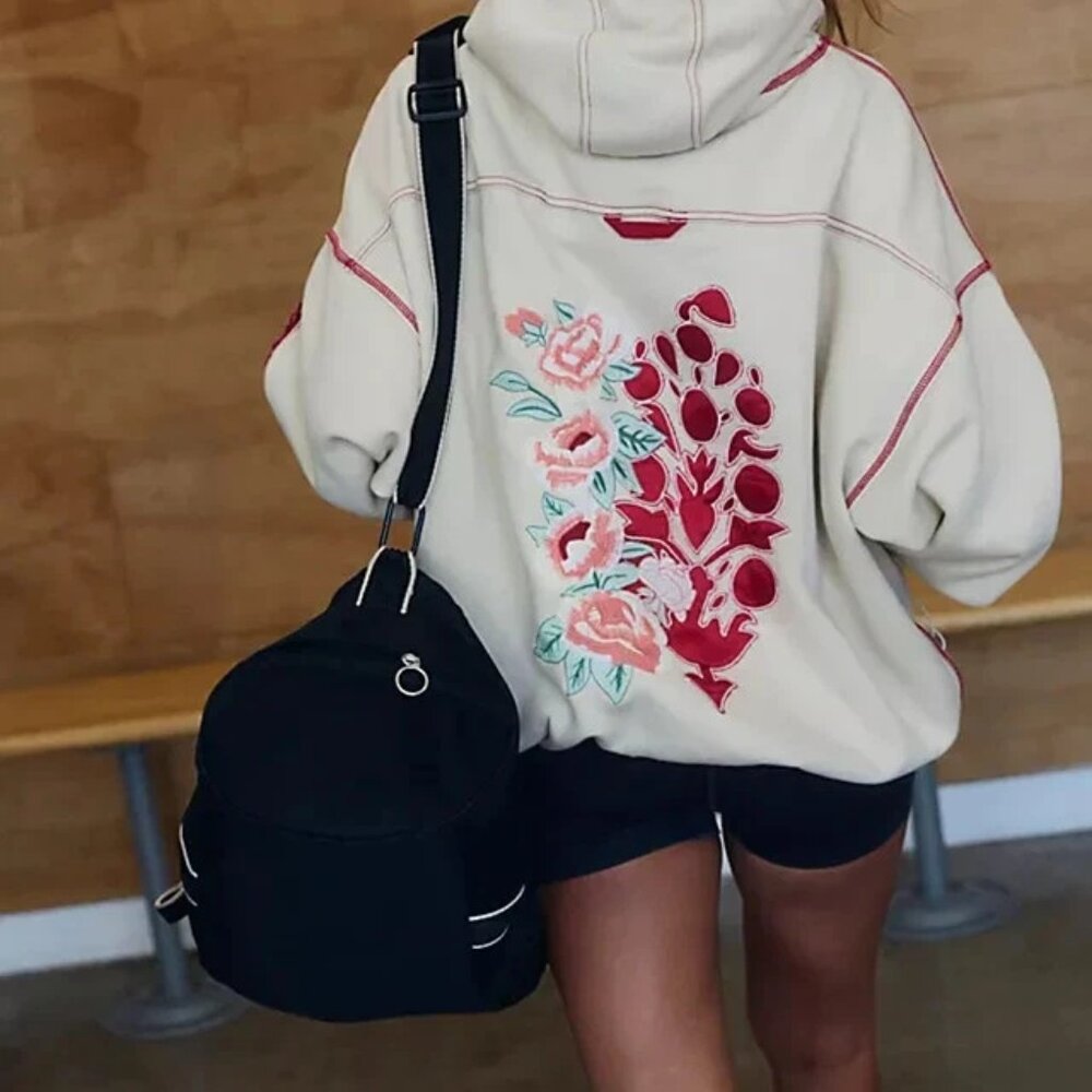 Free People Final Call Rose Logo Hoodie Floral Embroidered Sweatshirt Jacket S - Picture 6 of 6